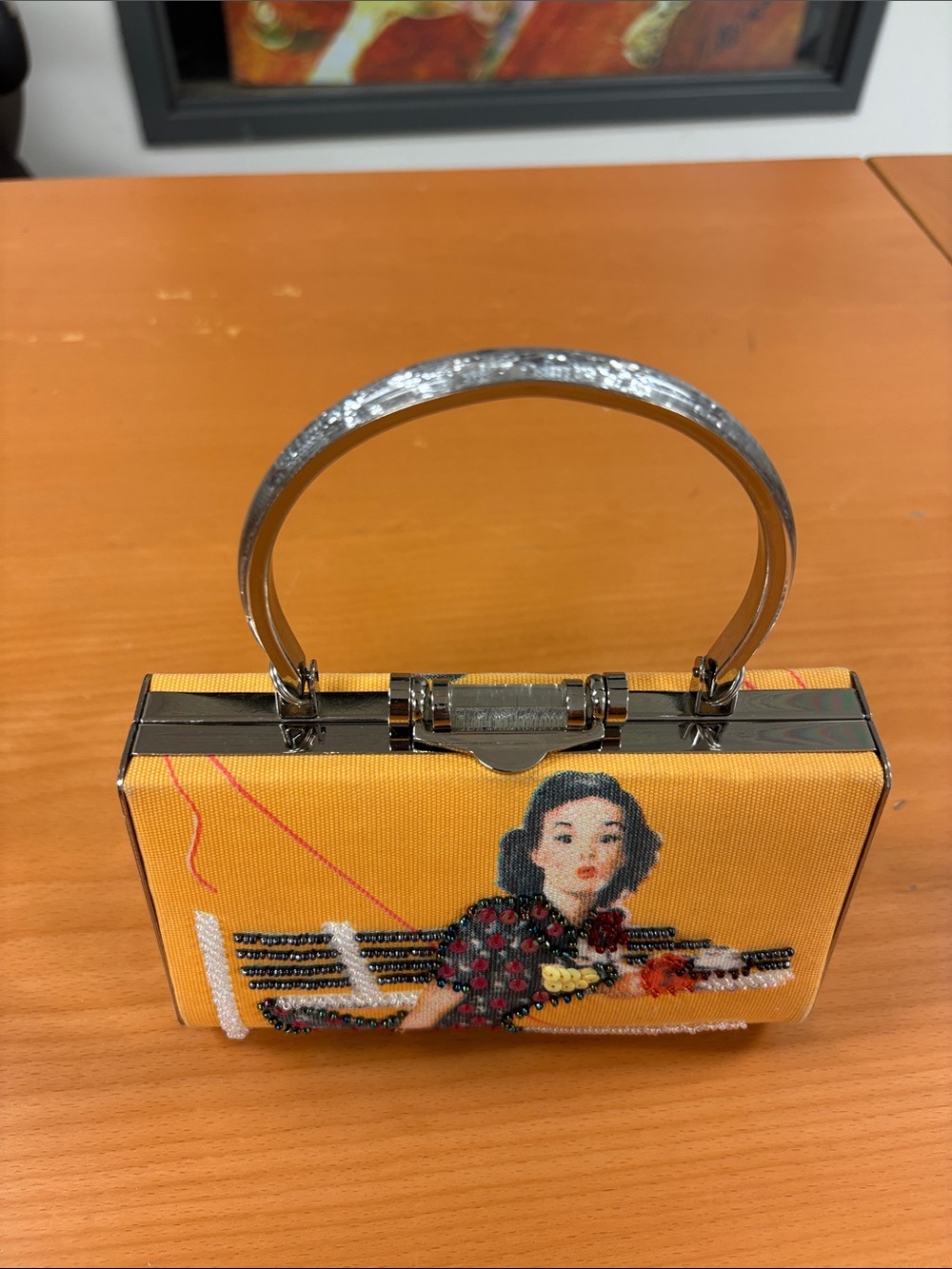 Yellow Beaded Pop-Art Portrait Top Handle Clutch